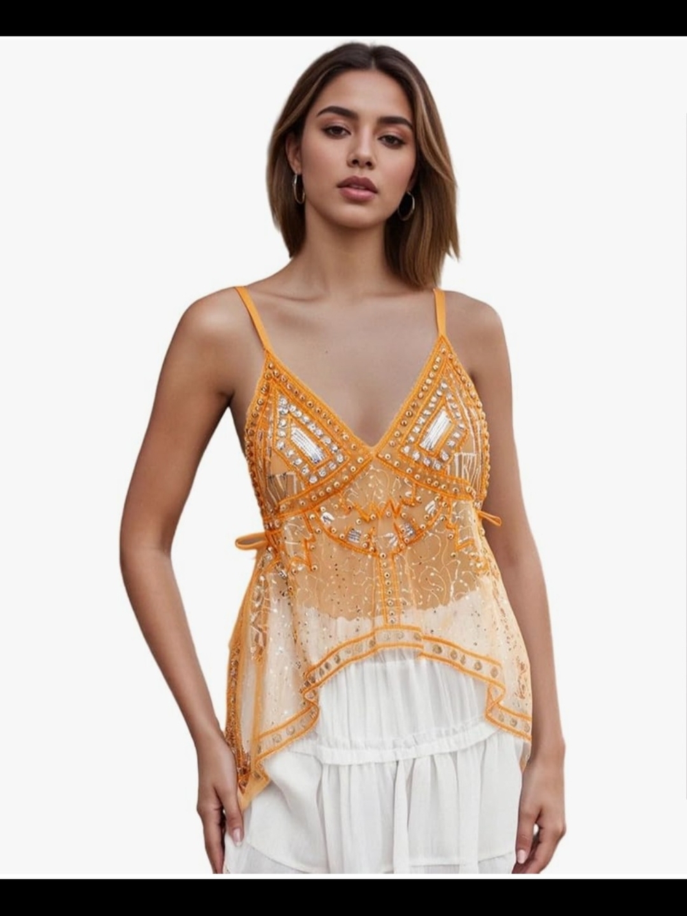 Embellished Orange Sheer Beaded Cami Top
